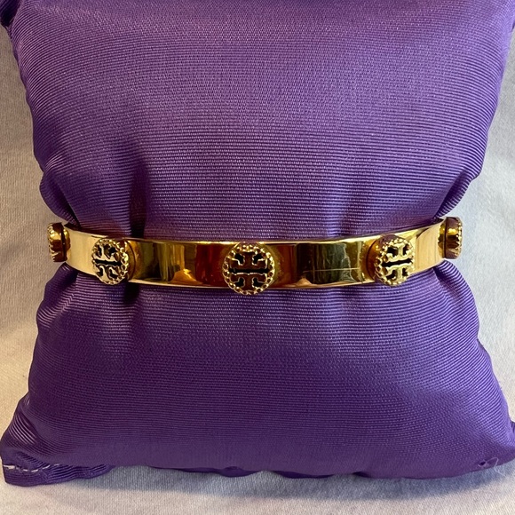 Tory Burch Gold Milgrain Studded Logo Cuff - Picture 3 of 4